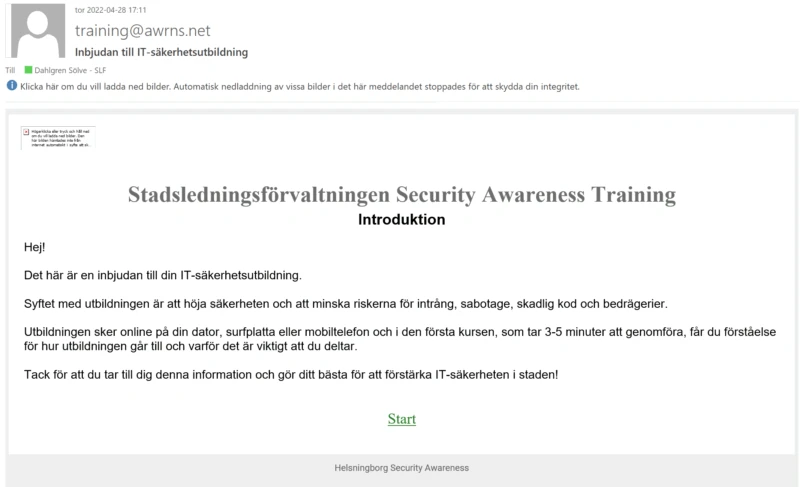 Så här ser mejlet från training@awrns.se ut. Du ska klicka på länken i mejlet för att starta utbildningen.