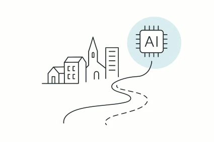 Illustration av väg mot en AI-stjärna bredvid en stad
