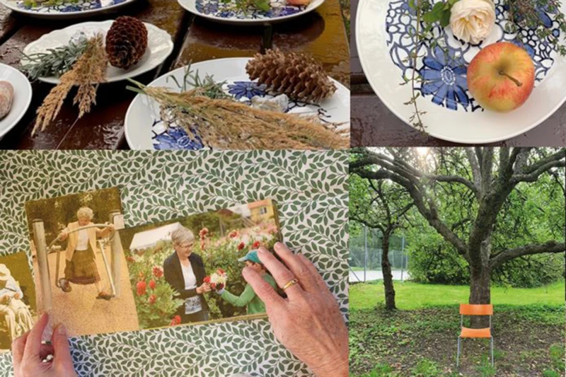 Bilder från workshops med målgruppen och anhöriga kring olika sinnesintryck i utemiljön i Husensjö park.