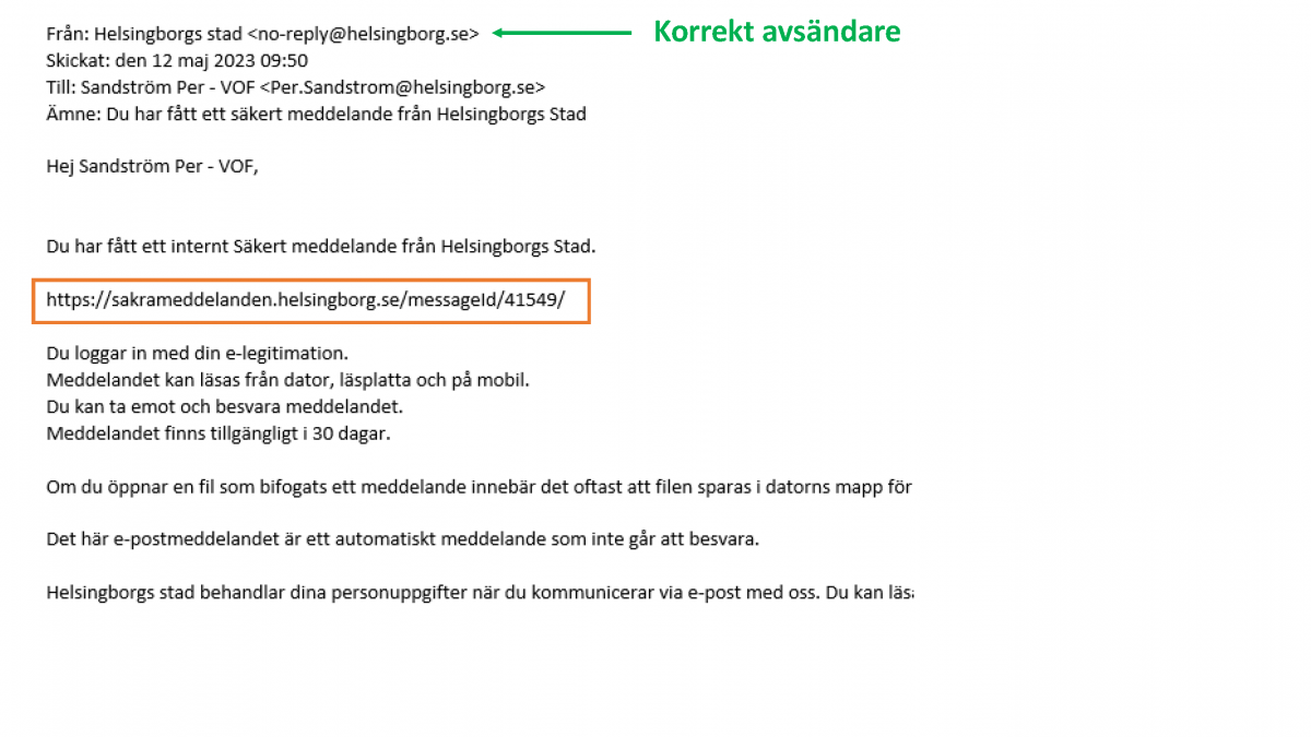 skärmdump på ett mejl som innehåller rätt uppgifter 