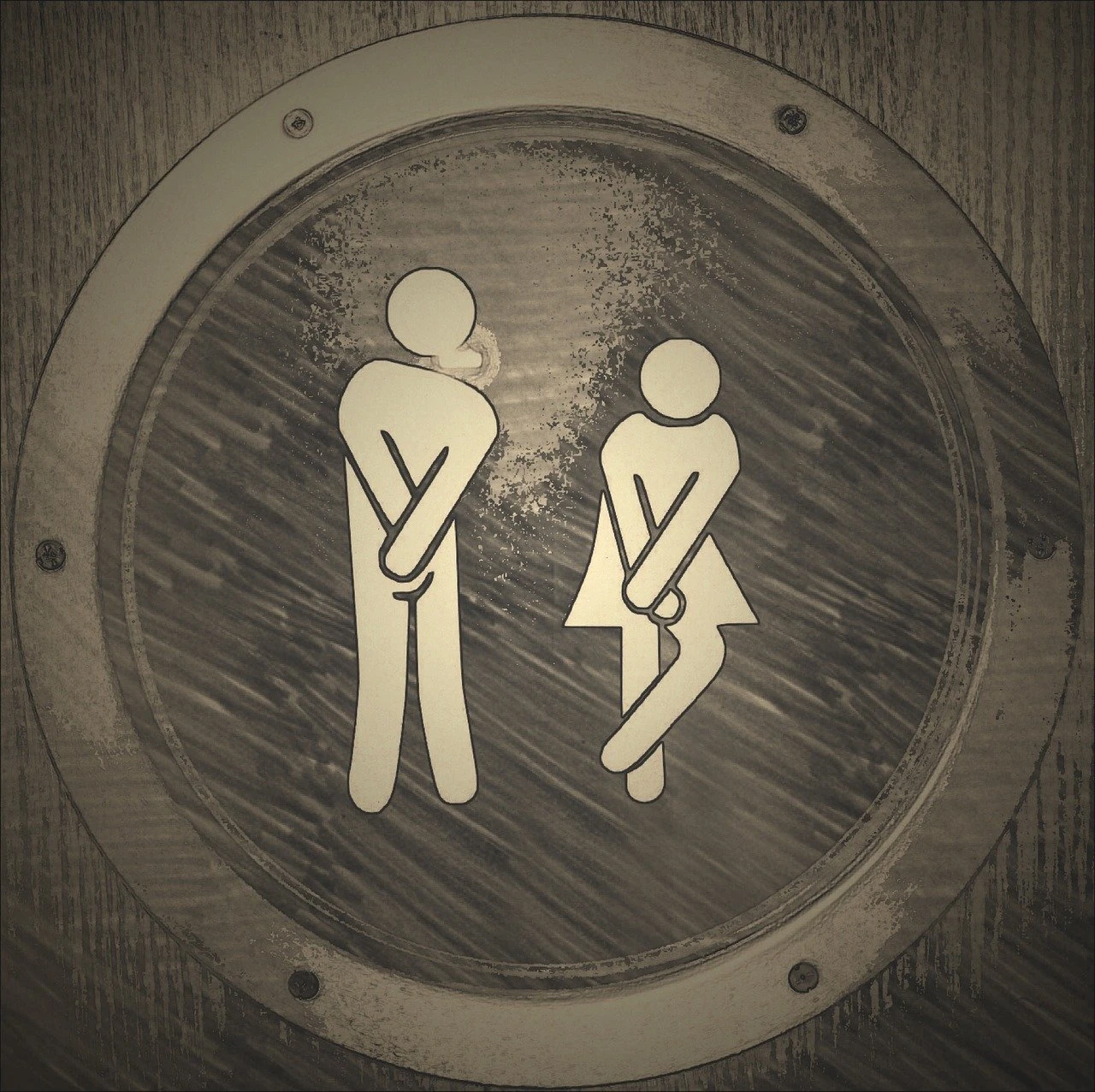 illustration av en kissnödig man och kvinna