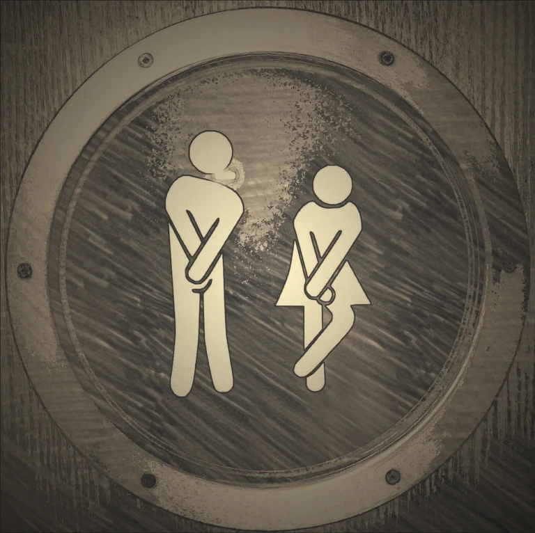 illustration av en kissnödig man och kvinna