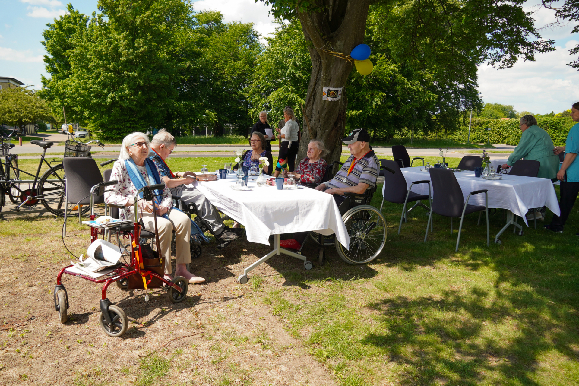 en grupp seniorer sitter vid ett bord. En av dem har ansiktet mot solen