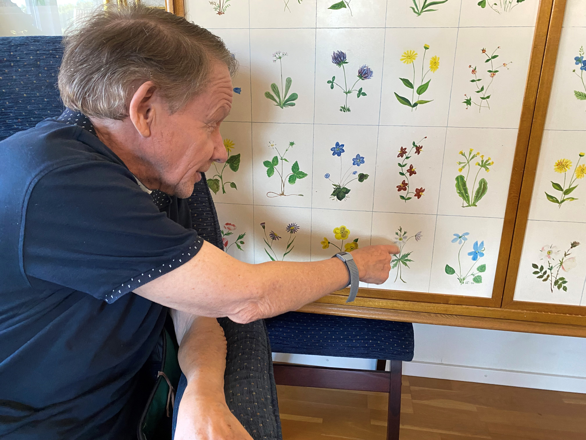 Man sitter vid ett skåp med bilder på växter och pekar på en växt