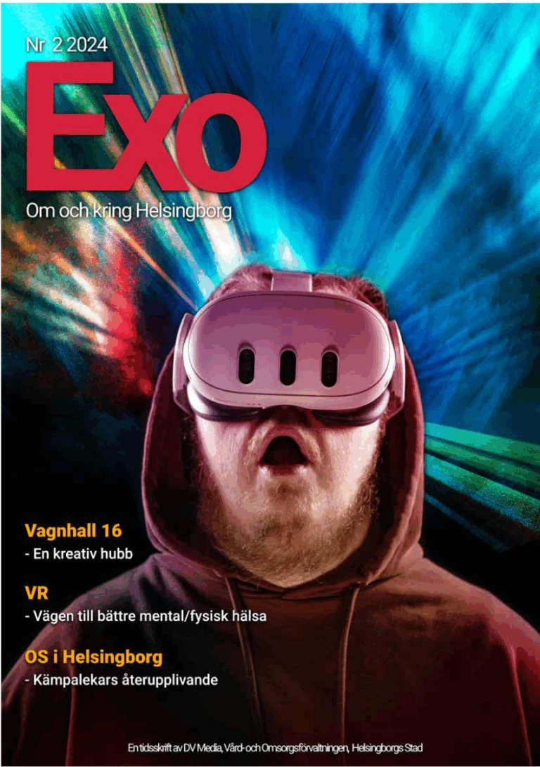 Tidningsframsida för Exo n2 2025. En man har VR-glasögon på sig.