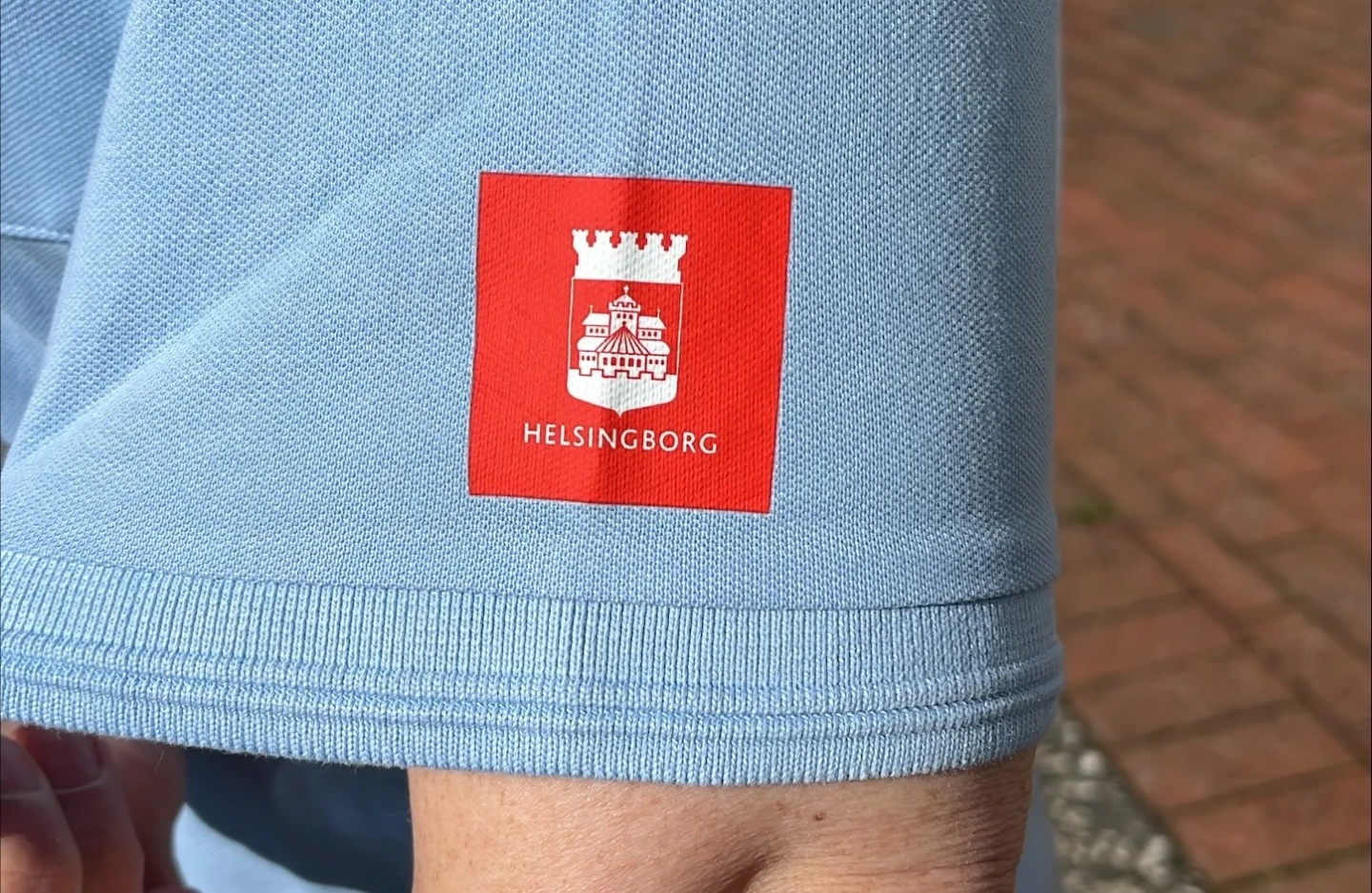 röd logga på ljusblå tröjärm