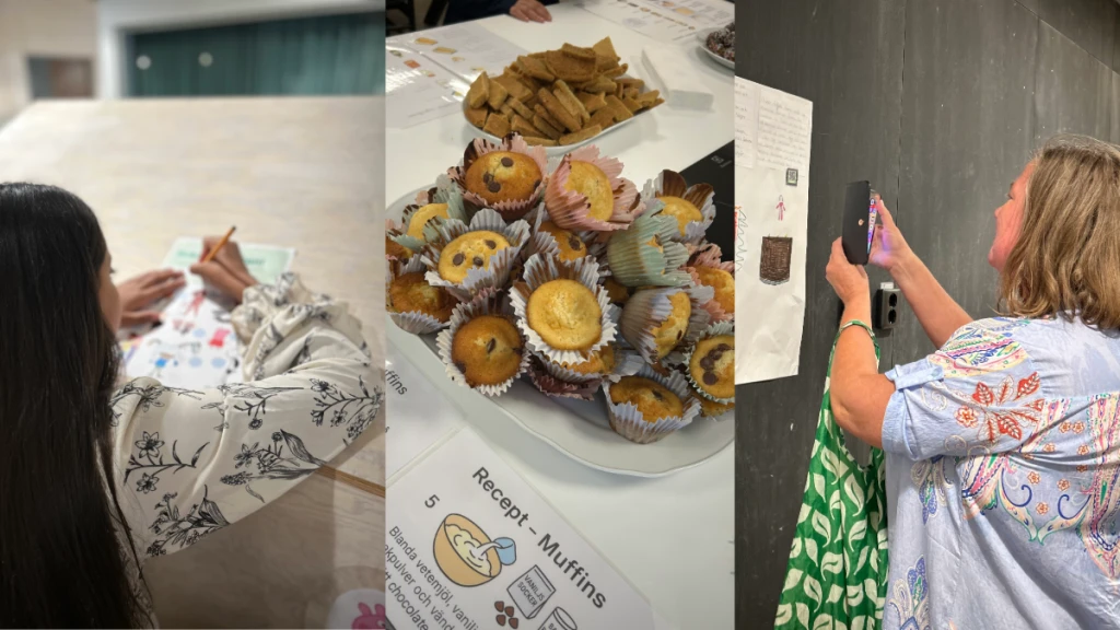 Barn som skriver, muffins från bokfesten och person som fotograferar en bildvägg.