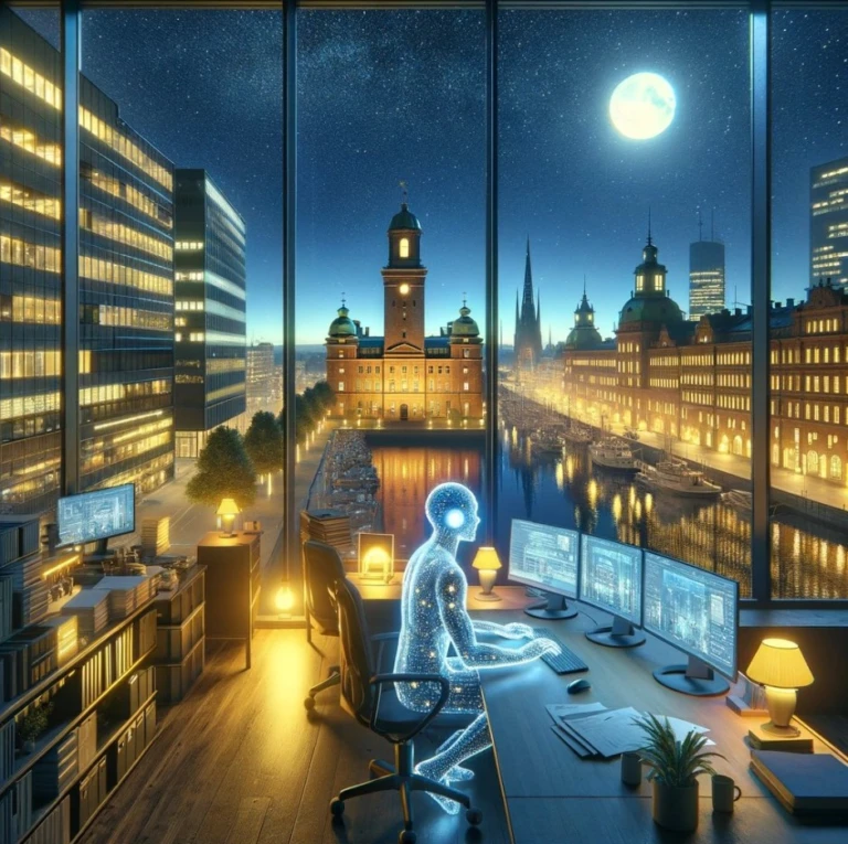 AI-bild på en blå person som jobbar genom natten i ett kontorslandskap