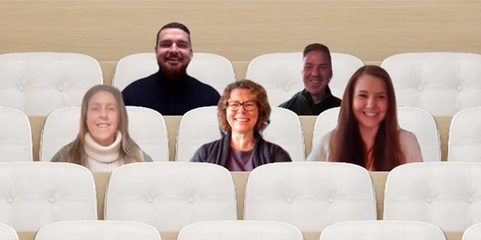 Teamsmöten tillhör vardagen för kontaktcenters expogrupp. Från vänster uppifrån: Granit Mulaj, Mikael Ottebrant, Emelie Lundgren, Pernilla Alm-Ramberg och Elin Carlsson.