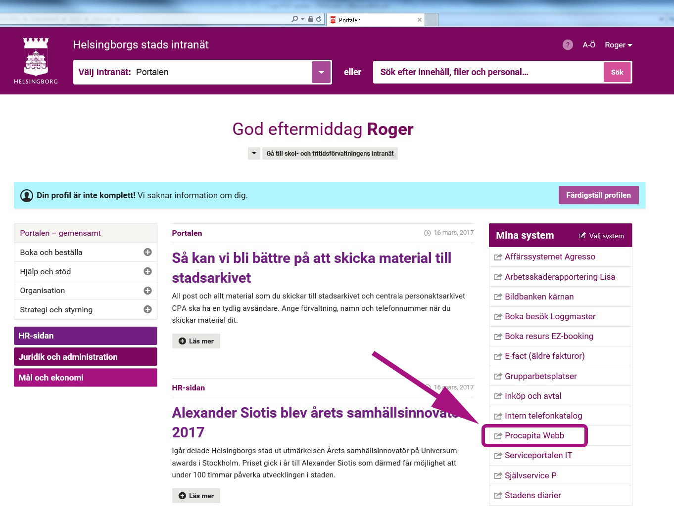 Inlogg till Procapita finns i listan Mina system