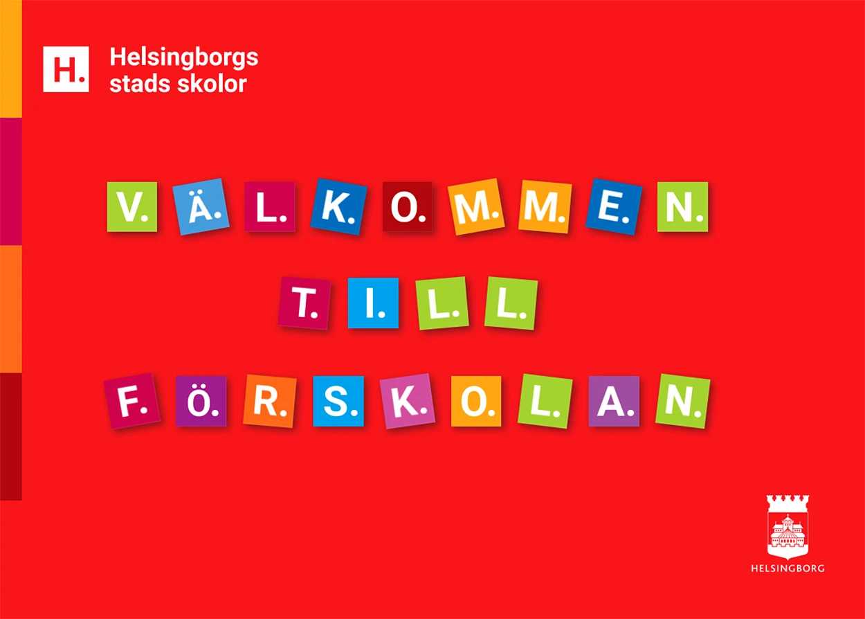 Vykort med text Välkommen till förskolan skrivet med symbolfyrkanter i olika färger.