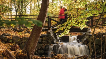 Bäck och vandrare i naturreservatet Jordbodalen